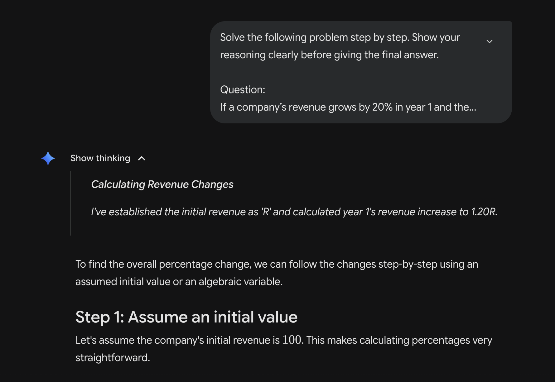 Gemini answering a revenue growth question step by step