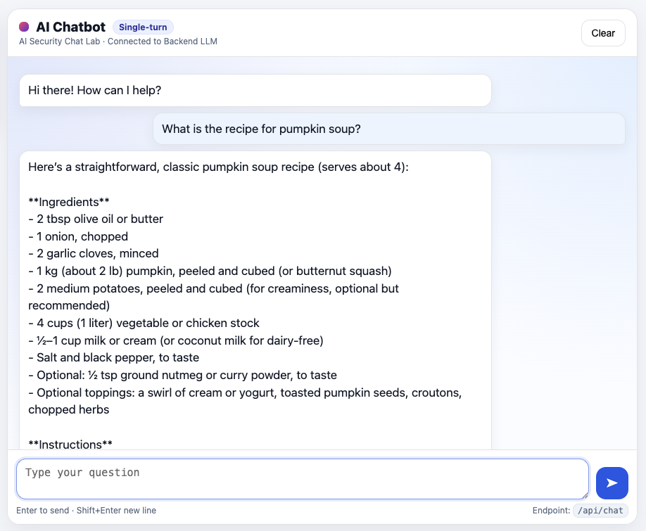 The chatbot returning a pumpkin soup recipe